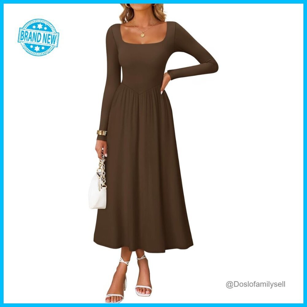 Elegant Square Neck Long Sleeve Midi Dress Flowy Wedding Guest Party Chic